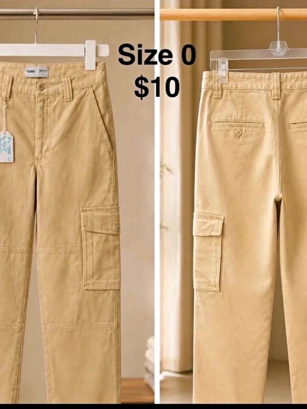 Women's Beige Solid Cargo Pants, Regular Size 0, Pockets, Button Closure